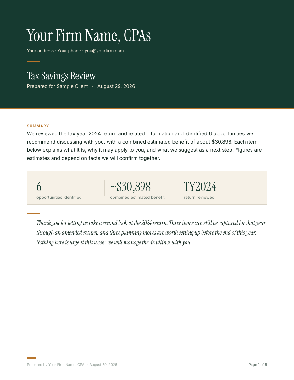 Sample client report, first page